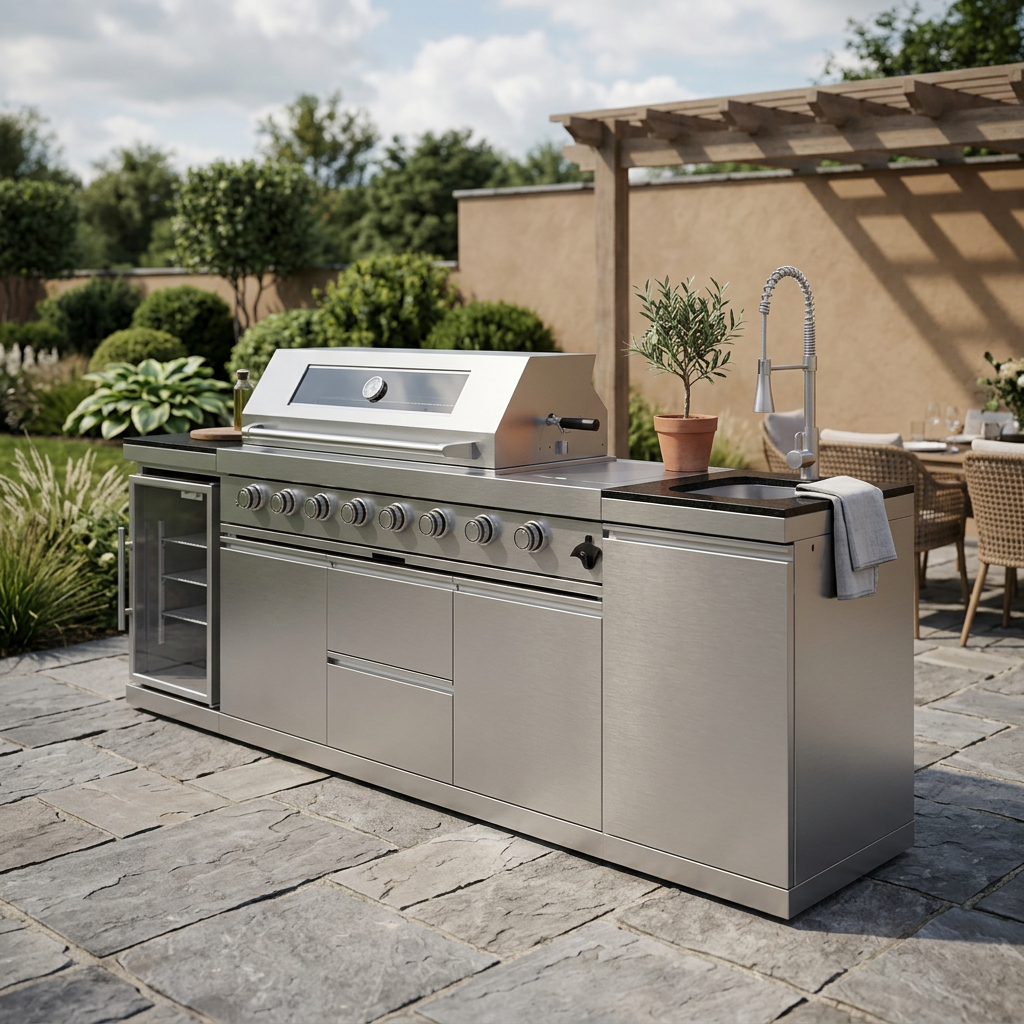 Three-quarter lifestyle view showing the sink and faucet side of the grill island