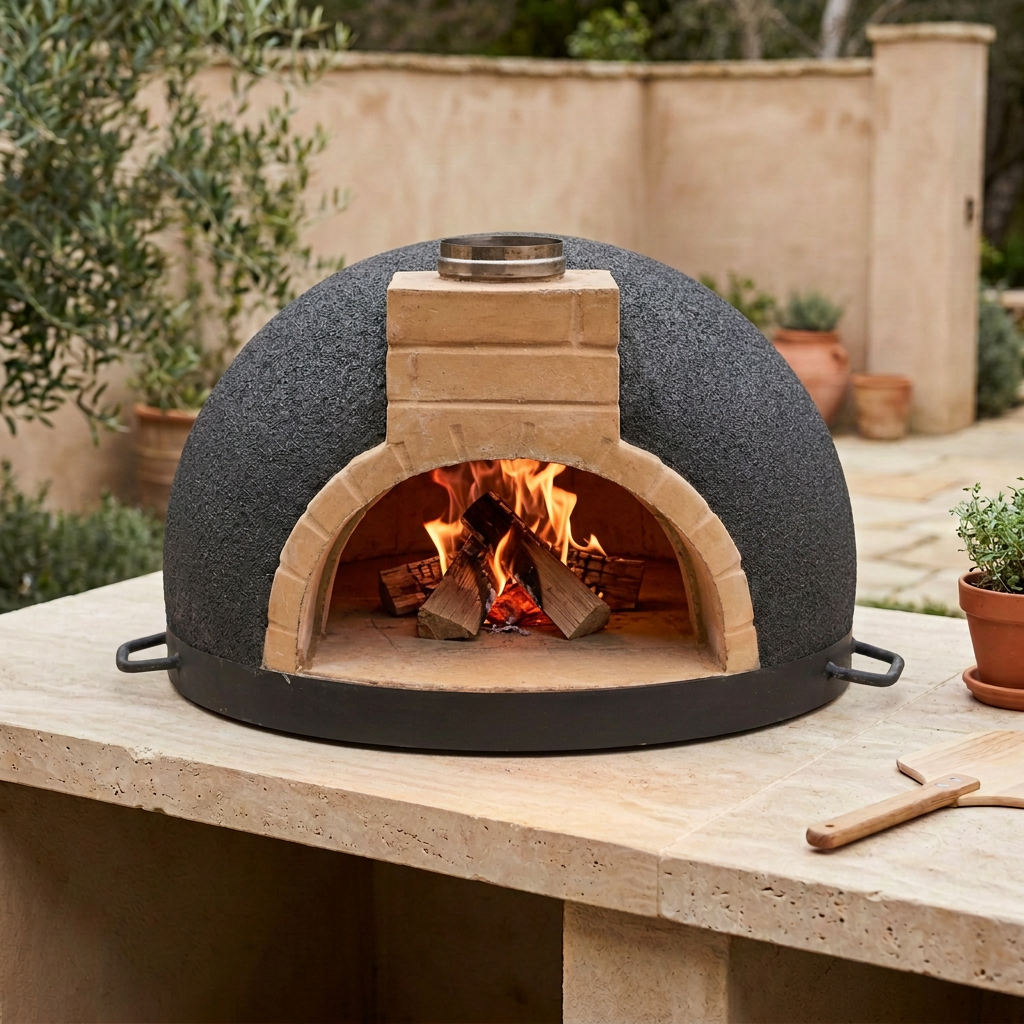 Tonío brick pizza oven action shot with a contained wood fire and no food inside