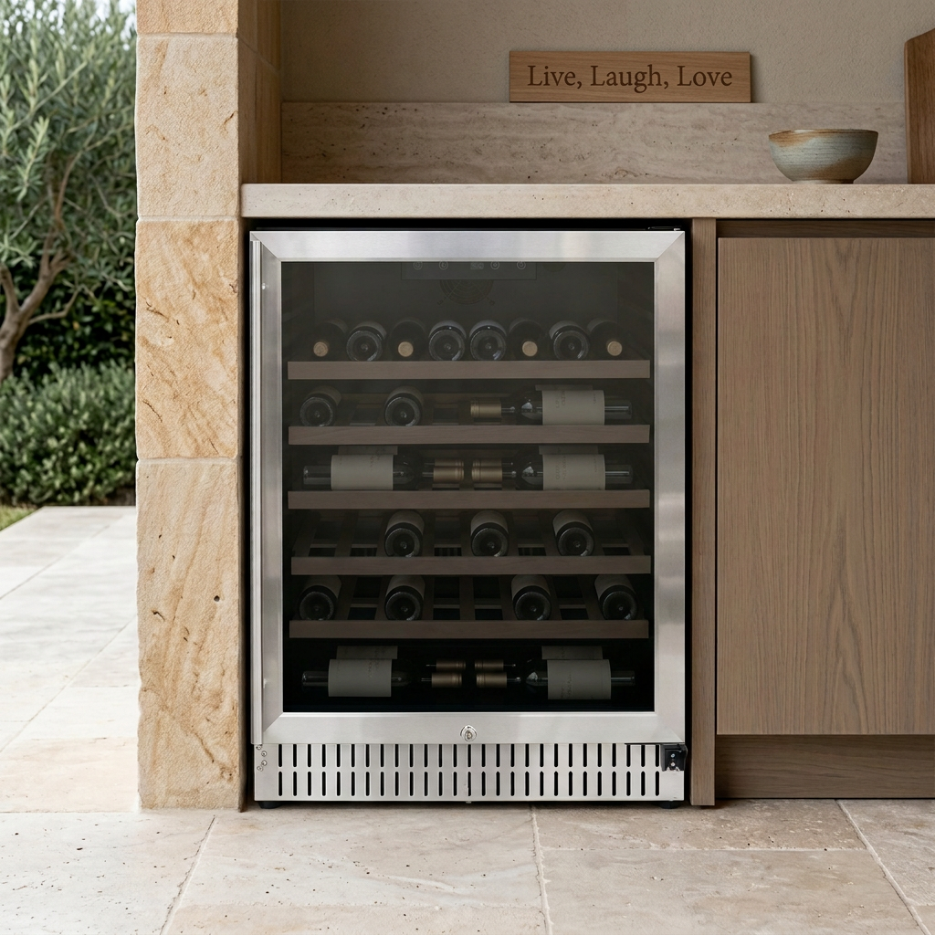 Wine cooler with wine bottles inside and a Live, Laugh, Love sign above the counter