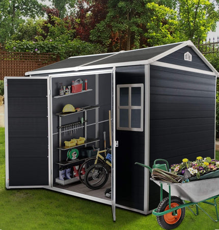 [06X08FT] Alora Outdoor Resin Patio Garden Shed With Floor, 2 Windows, And Lockable Doors (SAK54953) - Storage Sheds | Patioza