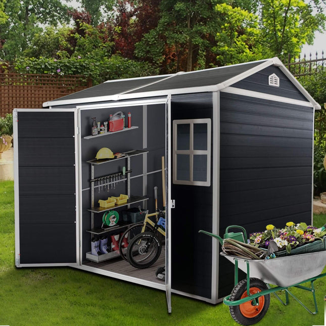 [06X08FT] Alora Outdoor Resin Patio Garden Shed With Floor, 2 Windows, And Lockable Doors (SAK54953) - Storage Sheds | Patioza