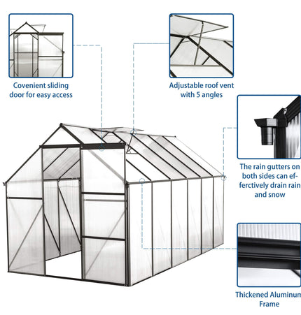 [06X12FT] Heavy-Duty Black Polycarbonate Greenhouse With Raised Base And Anchor (SAK92451) - Greenhouses | Patioza