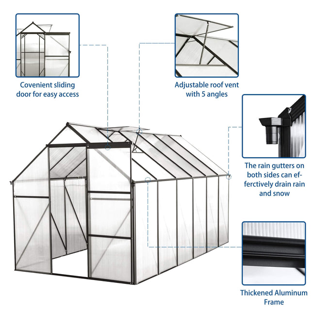 [06X12FT] Heavy-Duty Black Polycarbonate Greenhouse With Raised Base And Anchor (SAK92451) - Greenhouses | Patioza