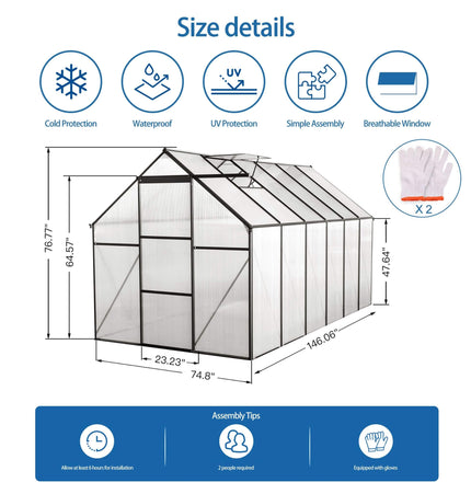 [06X12FT] Heavy-Duty Black Polycarbonate Greenhouse With Raised Base And Anchor (SAK92451) - Greenhouses | Patioza