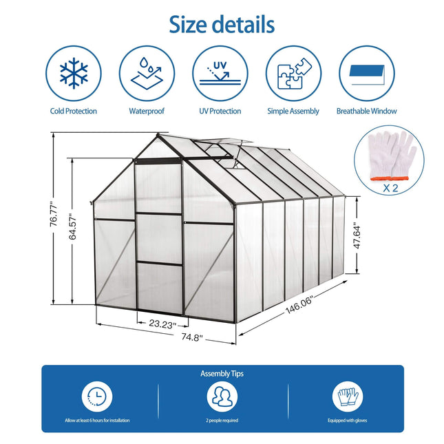 [06X12FT] Heavy-Duty Black Polycarbonate Greenhouse With Raised Base And Anchor (SAK92451) - Greenhouses | Patioza