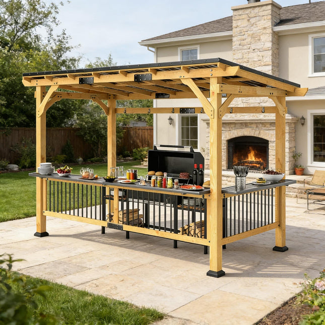 Alora 6x13 Ft. Premium Outdoor Hardtop Wooden BBQ Grill Gazebo - Canopies & Gazebos | Patioza