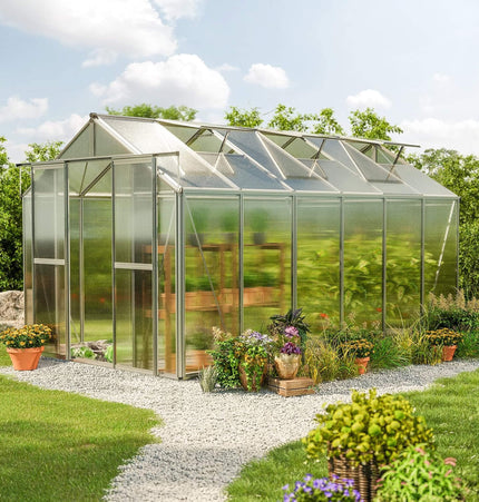 [08X12FT] Heavy-Duty Polycarbonate Outdoor Greenhouse With Aluminum Frame And Sliding Doors (SAK90426) - Greenhouses | Patioza