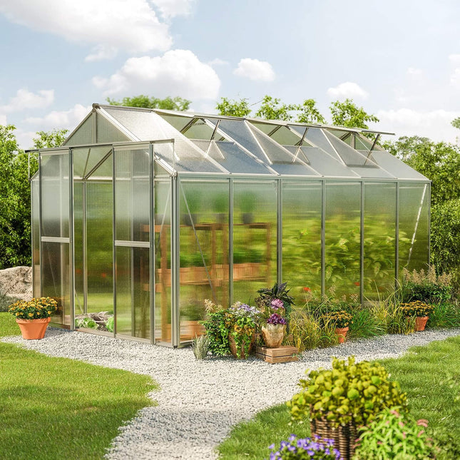 [08X12FT] Heavy-Duty Polycarbonate Outdoor Greenhouse With Aluminum Frame And Sliding Doors (SAK90426) - Greenhouses | Patioza