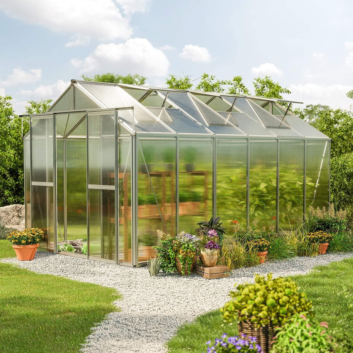 [08X12FT] Heavy-Duty Polycarbonate Outdoor Greenhouse With Aluminum Frame And Sliding Doors (SAK90426) - Greenhouses | Patioza