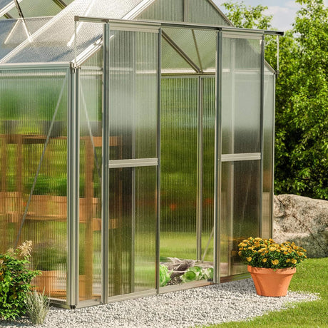[08X12FT] Heavy-Duty Polycarbonate Outdoor Greenhouse With Aluminum Frame And Sliding Doors (SAK90426) - Greenhouses | Patioza