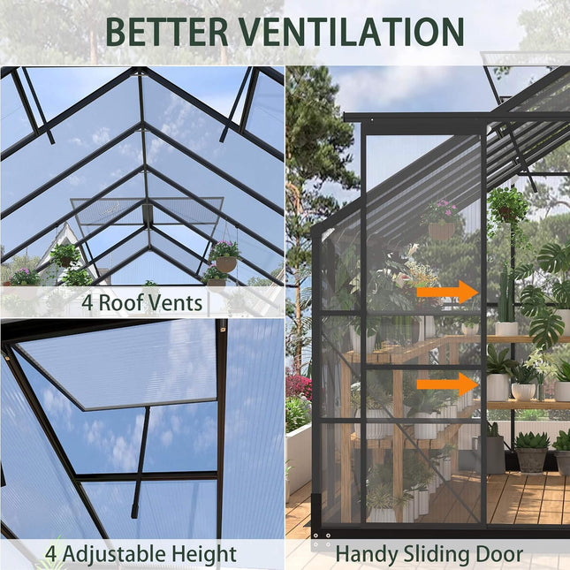 [08X14FT] Outdoor Polycarbonate Greenhouse With Roof Vents & Sliding Doors, 4MM (SAK19426) - Greenhouses | Patioza
