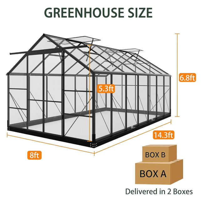 [08X14FT] Outdoor Polycarbonate Greenhouse With Roof Vents & Sliding Doors, 4MM (SAK19426) - Greenhouses | Patioza