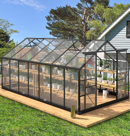 [08X14FT] Outdoor Polycarbonate Greenhouse With Roof Vents & Sliding Doors, 4MM (SAK19426) - Greenhouses | Patioza