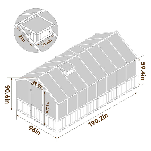 8x16 Ft. Large Heavy-Duty Outdoor Wooden Greenhouse with 6MM Polycarbonate Panels and Vent Roof