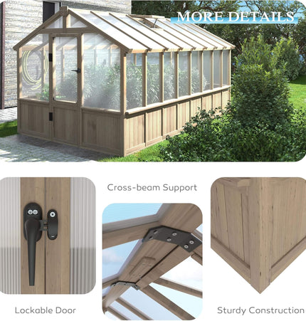 8x16 Ft. Large Heavy-Duty Outdoor Wooden Greenhouse with 6MM Polycarbonate Panels and Vent Roof