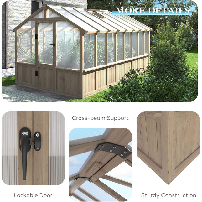 8x16 Ft. Large Heavy-Duty Outdoor Wooden Greenhouse with 6MM Polycarbonate Panels and Vent Roof