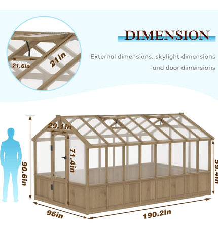 8x16 Ft. Large Heavy-Duty Outdoor Wooden Greenhouse with 6MM Polycarbonate Panels and Vent Roof