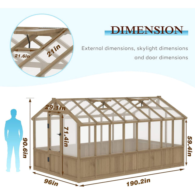 8x16 Ft. Large Heavy-Duty Outdoor Wooden Greenhouse with 6MM Polycarbonate Panels and Vent Roof