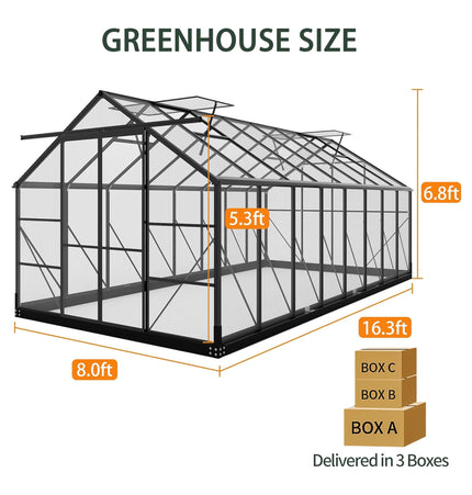 [08X16FT] Premium Outdoor Walk-In Polycarbonate Greenhouse With Roof Vents & Sliding Doors, 4MM (SAK72649) - Greenhouses | Patioza
