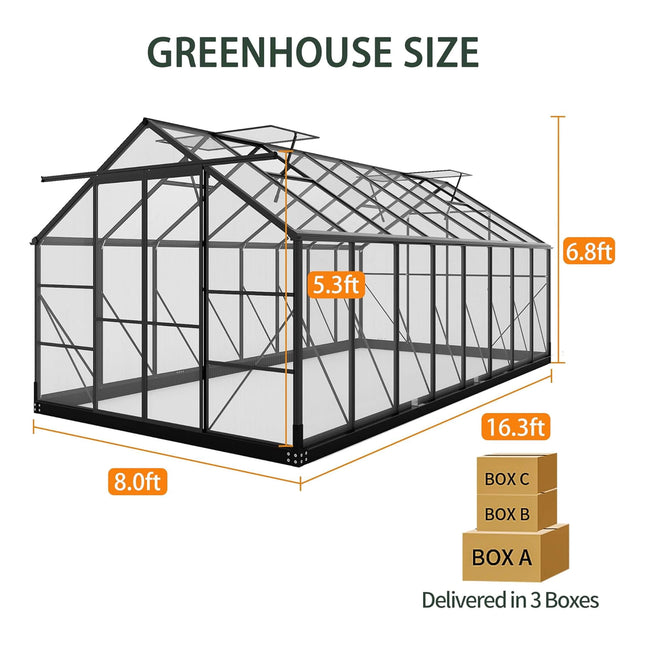 [08X16FT] Premium Outdoor Walk-In Polycarbonate Greenhouse With Roof Vents & Sliding Doors, 4MM (SAK72649) - Greenhouses | Patioza