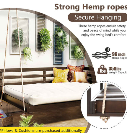 Acacia Wood Porch Swing Bed for Outdoor with Hemp Ropes - Full Size - Garden | Patioza