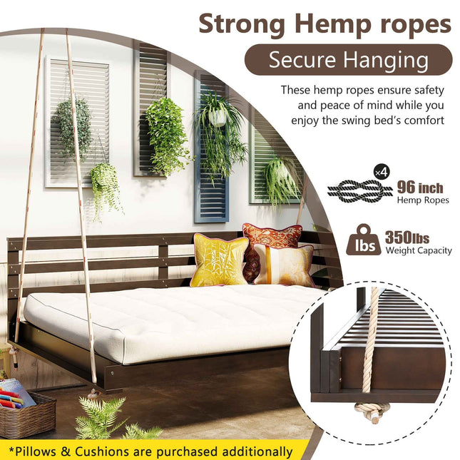 Acacia Wood Porch Swing Bed for Outdoor with Hemp Ropes - Full Size - Garden | Patioza