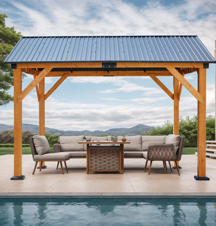 [09X11FT] Alora Heavy-Duty All-Weather Hardtop Wooden Carport Gazebo With Galvanized Steel Roof (SAK39187) - Canopies & Gazebos | Patioza