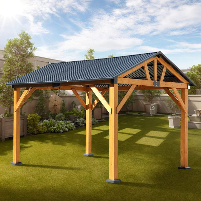 [09X11FT] Alora Heavy-Duty All-Weather Hardtop Wooden Carport Gazebo With Galvanized Steel Roof (SAK39187) - Canopies & Gazebos | Patioza