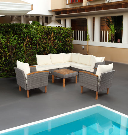 9 - piece Patio rattan furniture set with Acacia wooden legs and tabletop sofa set, coffee table washable cushion beige - Patio Furniture | Patioza