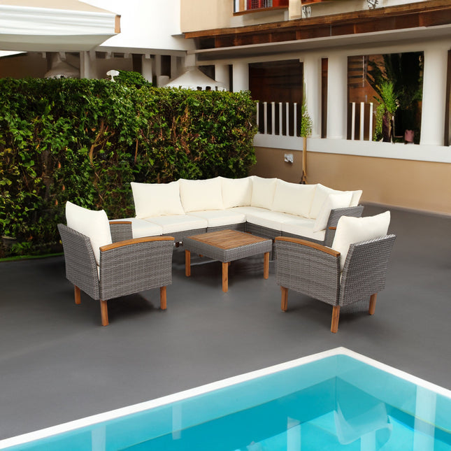 9 - piece Patio rattan furniture set with Acacia wooden legs and tabletop sofa set, coffee table washable cushion beige - Patio Furniture | Patioza
