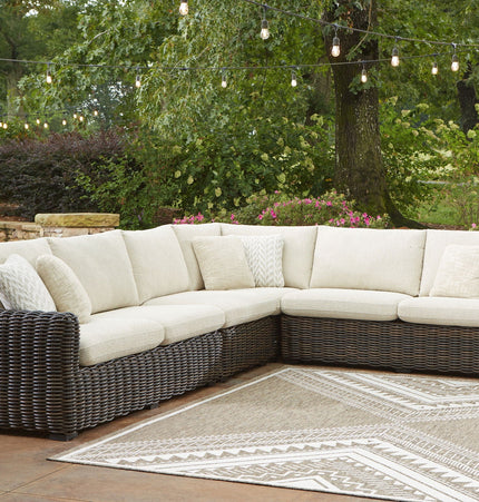 Kimora - 7 Pc. - 4-Piece Outdoor Sectional, Swivel Glider Lounge, Cocktail Table, End Table - Beige / Dark Brown - 7 Piece Outdoor Sets | Patioza