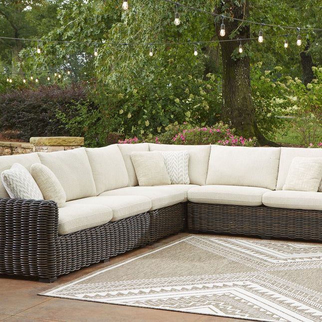 Kimora - 7 Pc. - 4-Piece Outdoor Sectional, Swivel Glider Lounge, Cocktail Table, End Table - Beige / Dark Brown - 7 Piece Outdoor Sets | Patioza