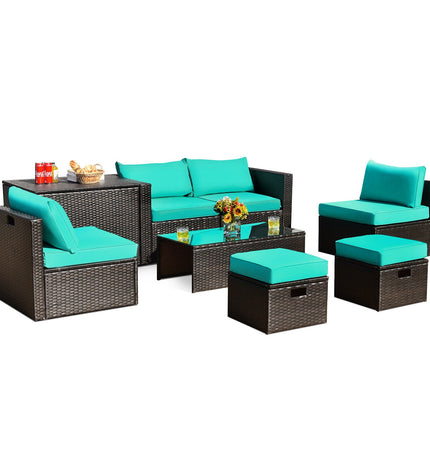 8 Pieces Patio Space - Saving Rattan Furniture Set with Storage Box and Waterproof Cover - Turquoise - Patio Furniture | Patioza
