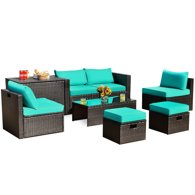 8 Pieces Patio Space - Saving Rattan Furniture Set with Storage Box and Waterproof Cover - Turquoise - Patio Furniture | Patioza