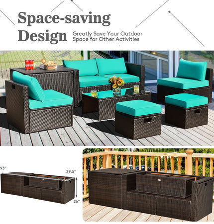 8 Pieces Patio Space - Saving Rattan Furniture Set with Storage Box and Waterproof Cover - Turquoise - Patio Furniture | Patioza