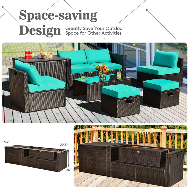8 Pieces Patio Space - Saving Rattan Furniture Set with Storage Box and Waterproof Cover - Turquoise - Patio Furniture | Patioza
