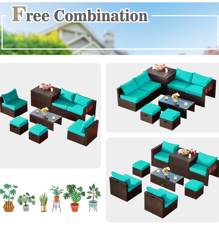8 Pieces Patio Space - Saving Rattan Furniture Set with Storage Box and Waterproof Cover - Turquoise - Patio Furniture | Patioza