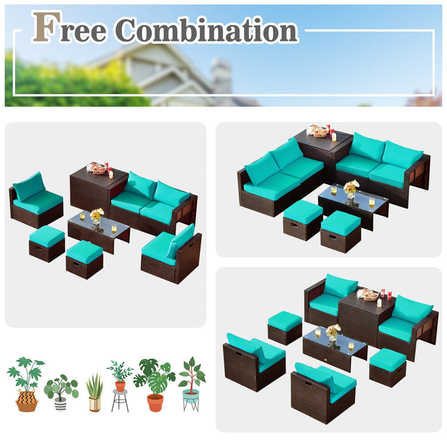 8 Pieces Patio Space - Saving Rattan Furniture Set with Storage Box and Waterproof Cover - Turquoise - Patio Furniture | Patioza