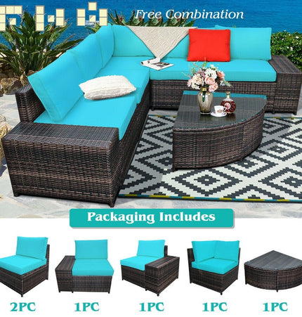 6 Piece Wicker Patio Sectional Sofa Set with Tempered Glass Coffee Table - Turquoise - Patio Furniture | Patioza