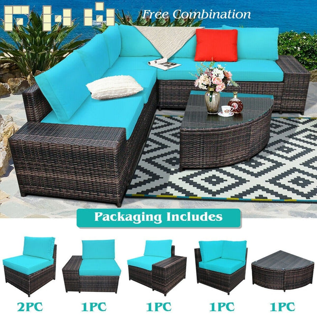 6 Piece Wicker Patio Sectional Sofa Set with Tempered Glass Coffee Table - Turquoise - Patio Furniture | Patioza