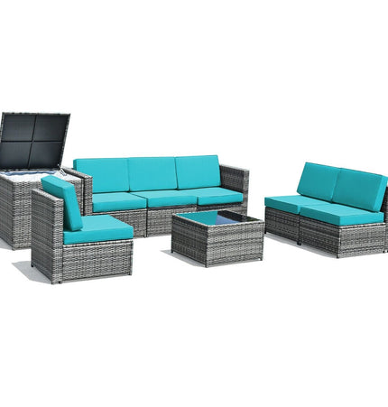 8 Piece Wicker Sofa Rattan Dinning Set Patio Furniture with Storage Table - Turquoise - Patio Furniture | Patioza