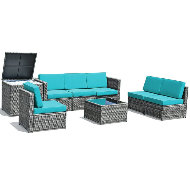 8 Piece Wicker Sofa Rattan Dinning Set Patio Furniture with Storage Table - Turquoise - Patio Furniture | Patioza