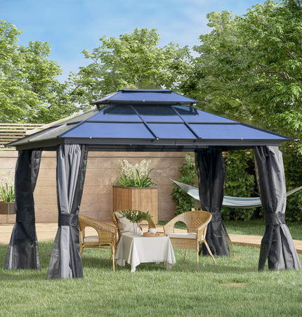 Alora 10x12 Ft. Hardtop Gazebo Canopy with Polycarbonate Double Roof, Netting, and Curtains
