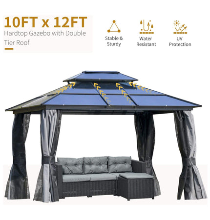 Alora 10x12 Ft. Hardtop Gazebo Canopy with Polycarbonate Double Roof, Netting, and Curtains
