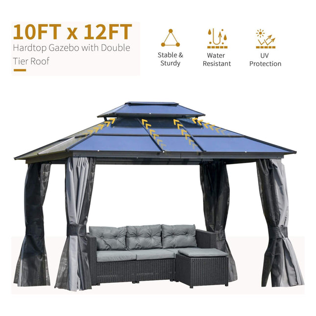 Alora 10x12 Ft. Hardtop Gazebo Canopy with Polycarbonate Double Roof, Netting, and Curtains
