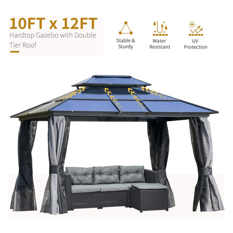 Alora 10x12 Ft. Hardtop Gazebo Canopy with Polycarbonate Double Roof, Netting, and Curtains - Canopies & Gazebos | Patioza