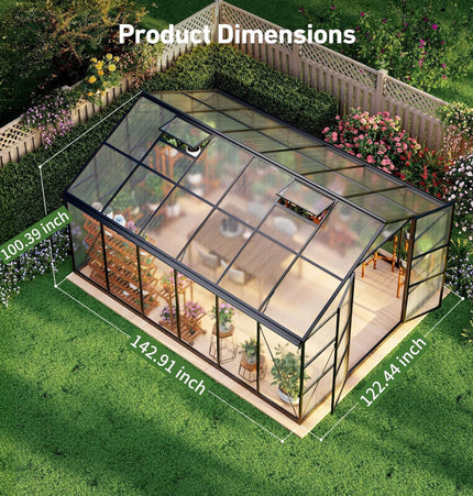 [10X12FT] Outdoor Polycarbonate Aluminum Greenhouse With UV Protection And Thermometer (SAK59183) - Greenhouses | Patioza