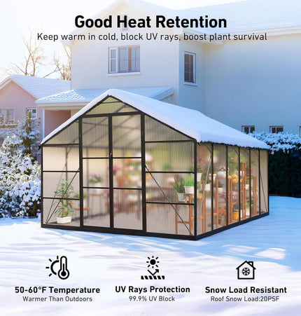 [10X12FT] Outdoor Polycarbonate Aluminum Greenhouse With UV Protection And Thermometer (SAK59183) - Greenhouses | Patioza