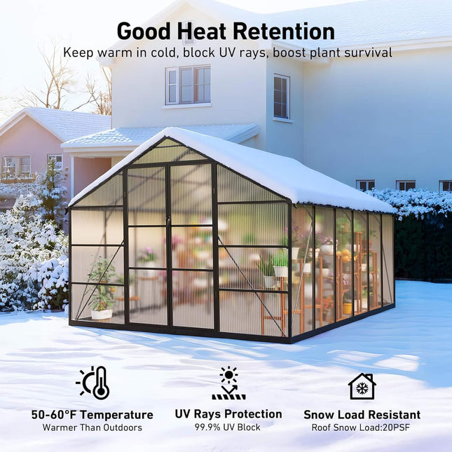 [10X12FT] Outdoor Polycarbonate Aluminum Greenhouse With UV Protection And Thermometer (SAK59183) - Greenhouses | Patioza