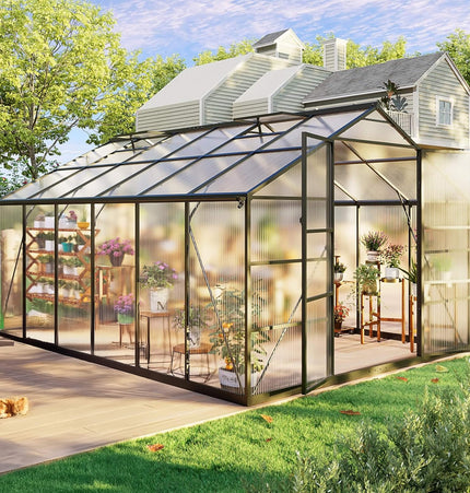 [10X12FT] Outdoor Polycarbonate Aluminum Greenhouse With UV Protection And Thermometer (SAK59183) - Greenhouses | Patioza